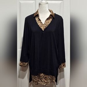 Karl Lagerfeld Black and Leopard Print Blouse